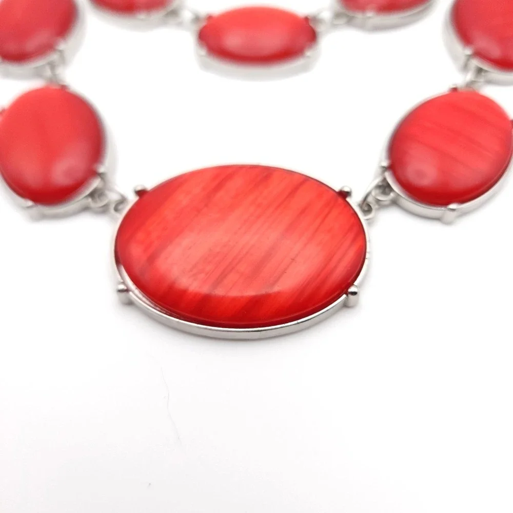 Charming Charlie Silver Tone‎ Necklace Red Oval Cabochon Bib